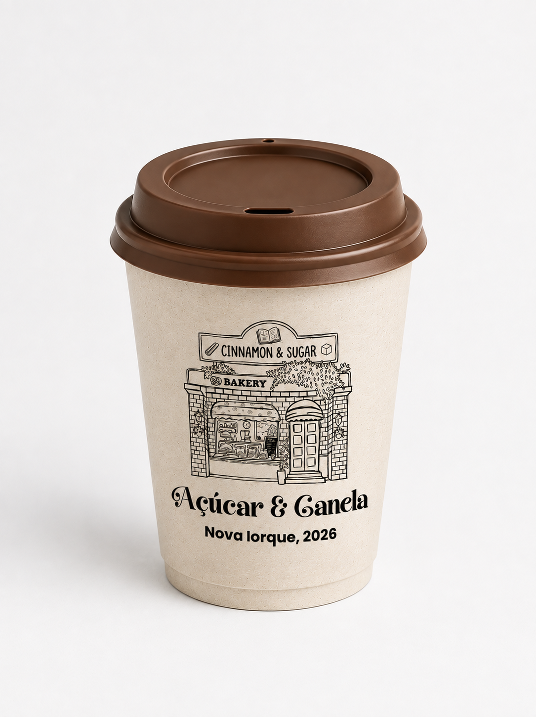 Copo Café Canela - Ecológico 250ml com ilustração de cafeteria e estampa Açúcar & Canela