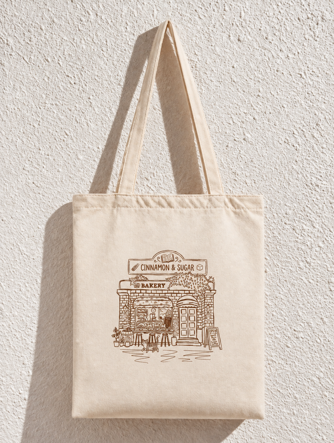 Ecobag Pequena Açúcar & Canela - 100% Algodão Cru Natural com ilustração de cafeteria